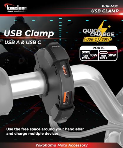 Image of KAEDEAR USB-A & USB-C Motorcycle Charger, PD 30W, Water Resistant, KDR-M3D | USB-A and USB-C ports, PD 30W, QC3.0 18W, water resistant, SAE DC 12V, clamp mounting, fast motorcycle charging