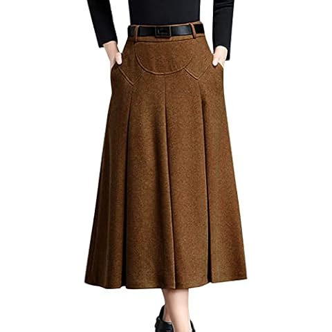 Tanming Womens Winter High Waist A-Line Pleated Wool Midi Skirt with Waist Loops (Camel, Large) Cover
