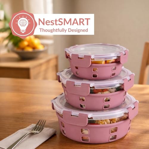 Image of Nestasia Gripso Glass Containers Set of 3 (400ml, 600ml, 950ml) with Silicone Sleeve & Locking Lid, Microwave, Dishwasher & Freezer Safe Round Food Storage Containers (Mauve)