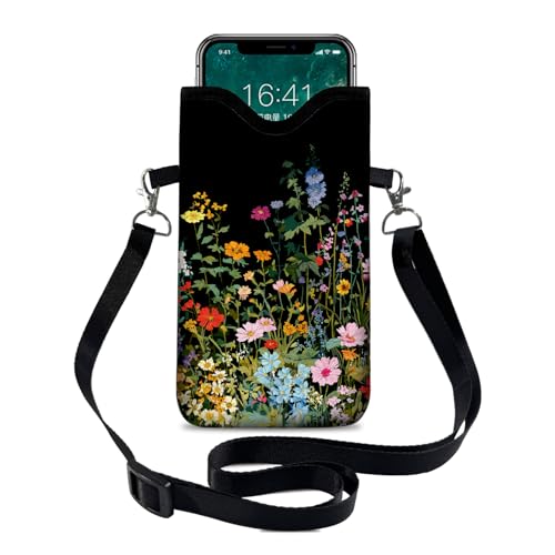 Image of Neoprene Cell Phone Sleeve Pouch Case Bag with Crossbody Strap Neck Lanyard for Women 7.1 X 3.9 in Flowers Plants