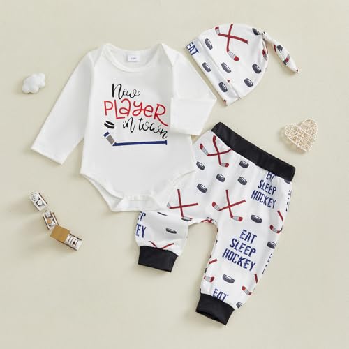 3Pcs Newborn Baby Boy Hockey Outfit Letter Long Sleeve Romper Shirt Pants Set +Hat Coming Home Outfit Fall Clothes4