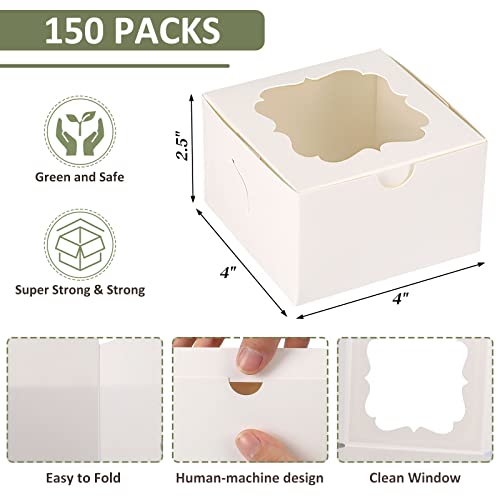 Tomnk 150Pcs 4 Inch White Bakery Boxes Small Treat Boxes Cookie Boxes With 3 Style Windows Pastry Boxes Mini Dessert Boxes For Chocolate Strawberries Donuts And Party Favor 4X4X2.5 Inch #TOP1