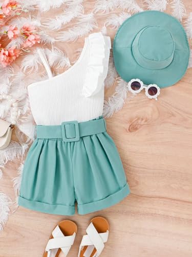 Image of Bold N Elegant Girls Uptown One Shoulder Top and Shorts with Belt and Hat Trendy 4 Piece Coords Set for 3 to 7 Year Girls Party Dress Outfit