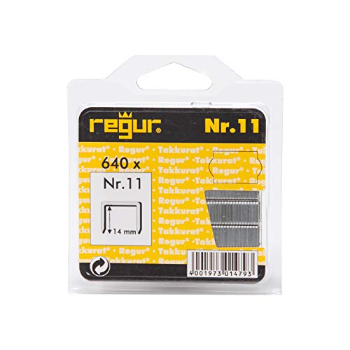 Abrazaderas de alambre plano REGUR Tipo 11 galvanizadas - 640 piezas de longitud 11/14 mm - Grapas para fijar láminas, papel, cartón, textiles y mucho más Cover