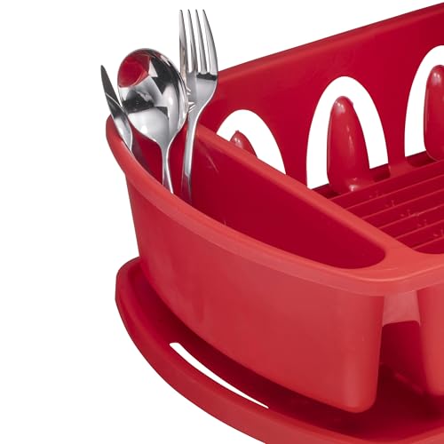 Tribello Sink Dish Drying Rack, Heavy Duty Hard Plastic Sink Set with Drainer (Red)