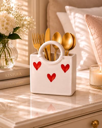 Image of Ceramic Utensil Holder, White Kitchen Organiser, Cutlery Set Holder (Heart)