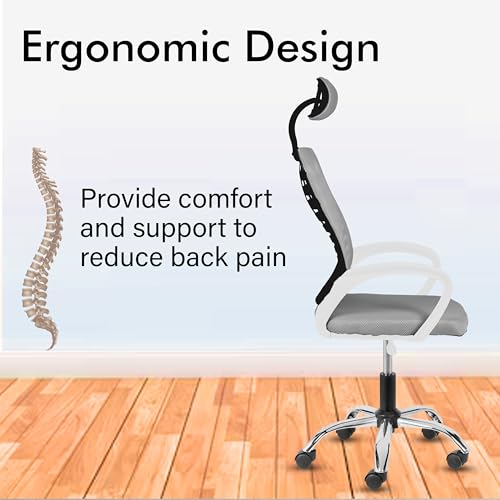 Image of Casa Copenhagen,Mesh Office Desk Chair,Rocking Ergonomic Computer Chair Adjustable High with Headrest and Comfortable Armrest Swivel- Grey Milanage & White Handle