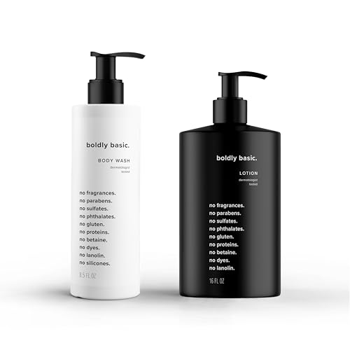 Boldly Basic Fragrance Free Body Wash and Lotion - Gentle on Sensitive Skin - Unscented - Dermatologist Tested - No Sulfates, Parabens or Gluten - Hypoallergenic and Moisturizing