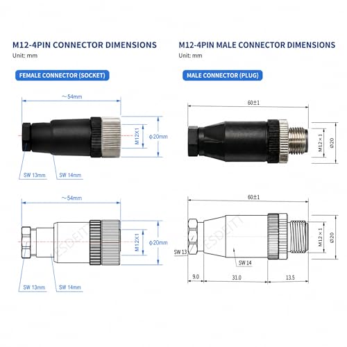 Conector M12 de campo impermeable IP67 con cable de 4 pines para automatización PLC 2