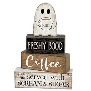 4 Pcs Halloween Table Decor Coffee Ghost Wooden Sign Halloween Tiered Tray Decor Farmhouse Ghost Tabletop Centerpiece Decorative Coffee Bar Block Signs for Home Office Kitchen Shelf