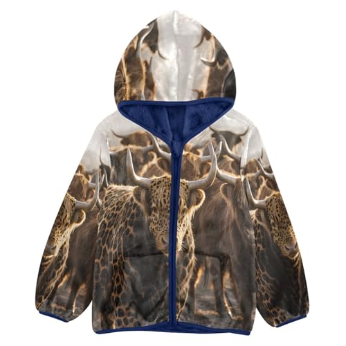 Leopard Print on Cow Skin Toddler Fleece Jacket Girl Boys Hooded Fleece Jacket Coat Warm Outwear Zip-up 3-10T