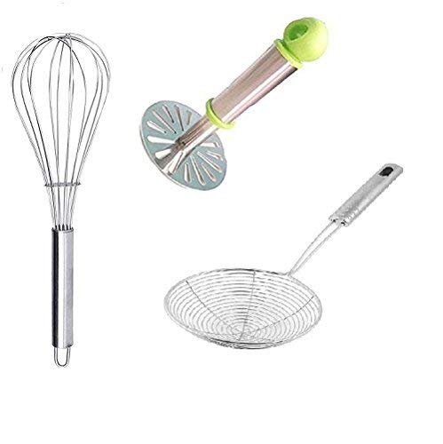 M Tech Best Combo Set of 3 pc's Stainless Steel Potato Vegetable Masher/Egg Whisk/deep Fry Strainer (Random Color)