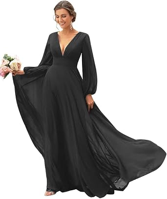 Vestidos de dama de honor de manga larga, color verde oscuro, cuello en V,  abertura frontal, de boda para invitados, baratos, 2019|Vestidos para dama  de honor| - AliExpress