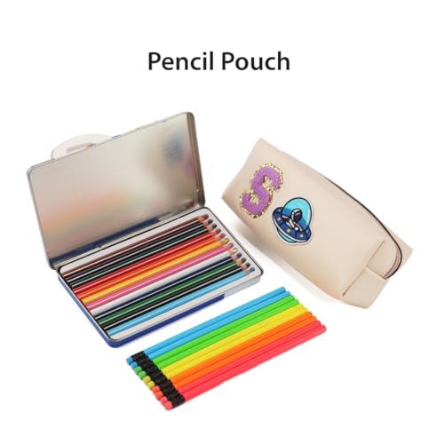 Image of AICA Gifts Personalized Leather Pencil Pouch (Cream) with Embroidered Alphabet & Patch | Pencil Pouch for Kids | Birthday Gift | Birthday Return Gift |Gift for Kids Age 6-10