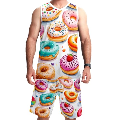 Basketball Uniform Sets with Pockets, Colorful Donuts Team Custom Basketball Jersey Personalized for Men Boyfriend -S