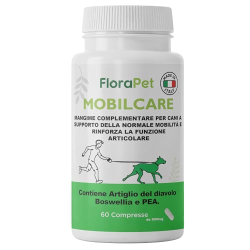 FloraPet Integratore Articolazioni Ossa Cane Anziano e Adulto, Artiglio del Diavolo, Boswellia, Curcuma, PEA, Omega 3, Vitamine E D3, 60 Compresse Gusto Manzo, Made in Italy