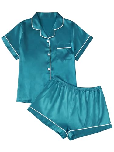 Image of LILLUSORY Silk Satin Pajama Set for Women 2 Piece Lounge Pjs Winter Matching Summer Sleepwear Button Down Shirt Shorts