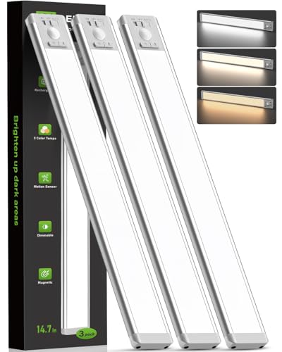 MCGOR 3 Pack 14.7inch Under Cabinet Lighting, Rechargeable Motion Sensor Light Indoor with 3 Color Temps, Dimmable Magnetic Led Closet Lights, Wireless Under Counter Lights for Kitchen, Stairs