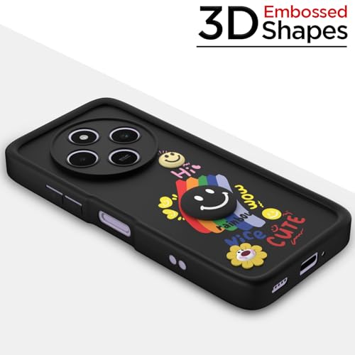 Image of Pikkme Back Cover for Redmi A4 5G / Redmi 14C 5G / Poco C75 5G | Soft Silicone| Cute Rainbow Smile & 3D Cartoon Flower Design | Shockproof Raised Camera Protection Bumper Case (Black)