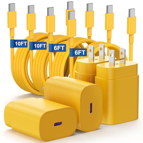 Essri Type C Charger Fast Charging for Samsung Galaxy S25/S24/S23/S22/Note 20,4Pack 25W Super USB C Fast Charger Block with (6ft+10ft) x2 Cables for iPhone 15/16 Pro Max/Plus, Android Phones-Yellow