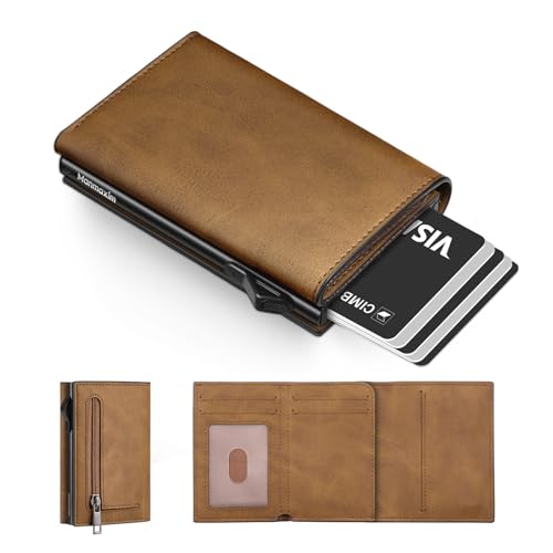 Manmaxim Billetera Hombre RFID Trifold, Tarjetero Smart-Pop-Up Slim Wallet con Bolsillo para Monedas con Cremallera, Billetera Hombre con Tarjetero de Crédito para hasta 12 Tarjetas (Marrón)