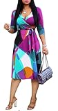 Women's Plus Size Faux Wrap Cocktail Party Dresses 3/4 Sleeve Deep V Neck Swing Wrap Floral Midi Dress with Belt Purple 5XL