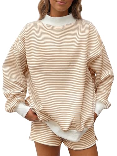Fisoew Womens Striped 2 Piece Outfits Lounge Sets Mock Neck Oversized Long Sleeve Sweatshirts Casual Shorts Y2k Matching Sets