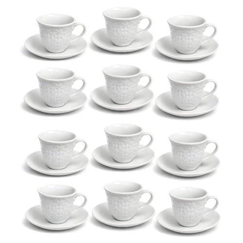 PALUPLUS Set 12 Tazzine Caffè con Piattino in Porcellana da 80 ml, Tazze da Espresso Bianche con decoro e manico, Lavabili in Lavastoviglie, adatte per Microonde -670F