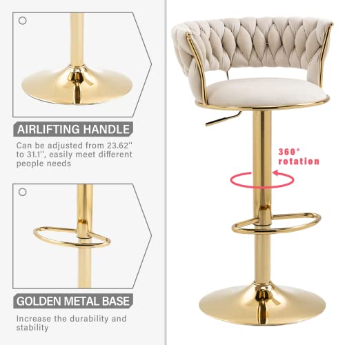 Rxrrxy Modern Swivel Bar Stool Set Of 2, Velvet Bar Stool Height Adjustable Airlift With Backrest And Gold Footrest For Dining Room, Kitchen Island, Pub, Bar (Ivory) #TOP3