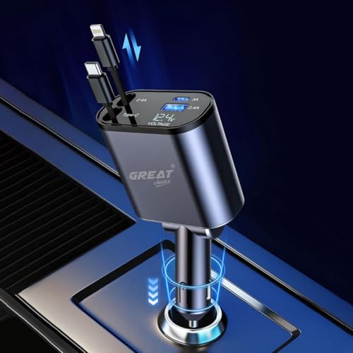 Image of Retractable Car Charger, 120W 4 in 1 Super Fast Charge Car Phone Charger, Retractable Cables and 2 USB Ports Car Adapter for iPhone 15 /14 /13 /12 Pro Max Xr, Ipad, Pixel, Silver