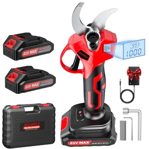 SOARFLY 35MM Electric Pruning Shears 21V Cordless Secateurs with 2 Batteries Brushless Electric Pruner with Digital Display SK5 Blade for Garden Fruit Trees Vines