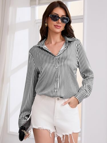Image of Premium Soft Breathable Stretch Satin Silk Button Down Shirts for Women Long Sleeve Leopard Blouses Work Dress Tops