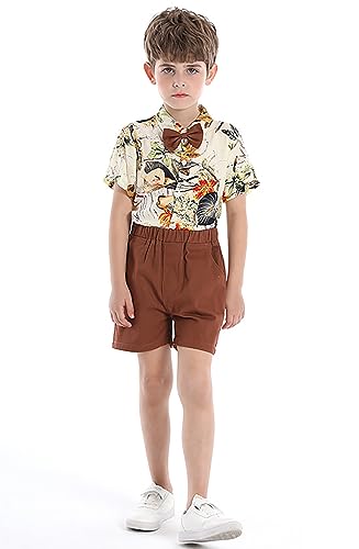 Image of Toddler Baby Boy Summer Clothes Set Floral Shirt Bow-tie Shorts Hawaiian Outfit