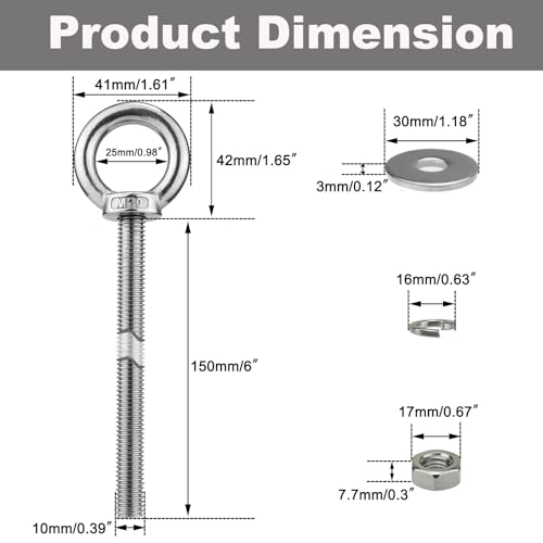 Image of M10 x 150mmStainless Steel Eye Bolt with Nuts 2 Pack, 3 /8 inch x 6 inch Long Shoulder Lifting Ring Eye Bolt for Boat & Hanging, Heavy Duty Marine Grade Threaded Eyebolts for Tie Down Outdoor