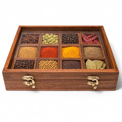 Image of Wooden Spice Box with 12 Removable Compartments|Handmade Masala Dabba for Kitchen Storage | Premium Wooden Spice Organizer with Transparent Glass Lid | Multipurpose Storage Box