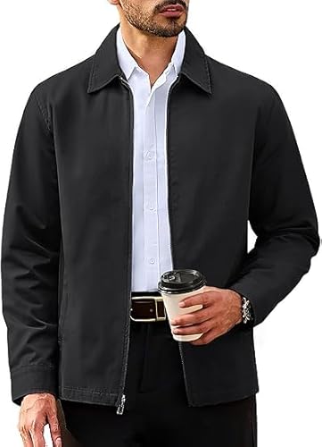 TACVASEN Bomber Jackets for Men UK Lightweight Casual Jacket with Pockets Fall Windbreaker for Work Walking Black,XL