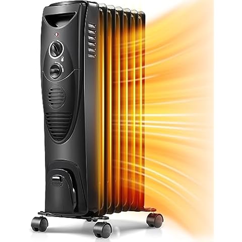 Kismile Portable Electric Radiator Heater, Oil Filled with 3 Heat Settings, Adjustable Thermostat, Overheat & Tip-Over Protection For Indoor Use, 1500W (Black) Cover