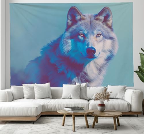 Tapiz grande de lobo misterioso en tela cian decorativa de 230x150 cm para habitación