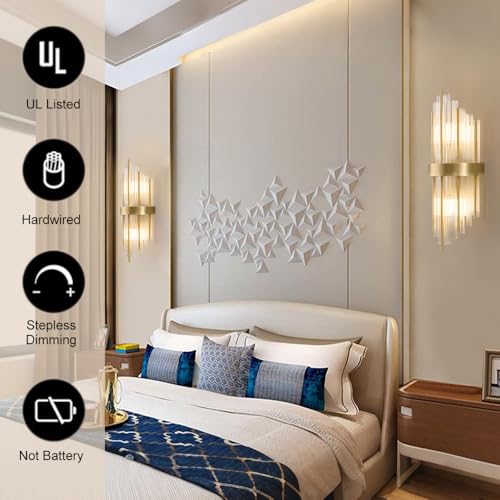 Image of Modern Brushed Titanium Gold Wall Sconce, Clear Glass Crystal Luxury Wall Light with Two E14 Bulbs, for Bedroom, Living Room, Bathroom Mirrors, Dressing Table, Bedside Table, Staircase, and Hallway
