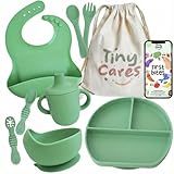 TINYCARES Vajilla Bebe Silicona, Cubiertos Infantiles. Incluye Bolsa de Algodón y Guía Recetas BLW (Verde)