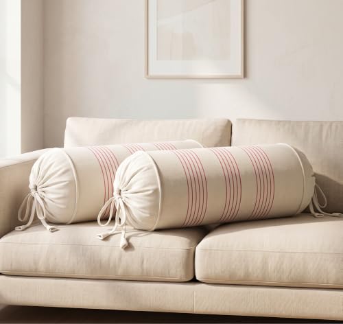 Image of SAJAVAT HOME 100% Cotton Striped Bolster Cover Pack of 2 15x30 | Textured Round Side Pillow Covers for Sofa, Bed & Diwan | Soft Breathable Bolster Pillow Covers | Beige with Red Pinstripe