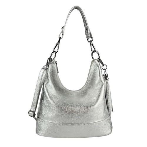 OBC Made in Italy Damen Leder Tasche Umhängetasche Shopper Schultertasche Handtasche Crossbody Hobo Bag Crossover Ledertasche Damentasche Fransen Silber