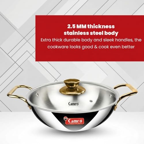 Image of Camro Triply Artisian Kadhai with Glass Lid 5.8 litres| Stainless Steel Kadai for Deep Frying | Kahai for Cooking Induction Base | Cookware Golden Handle Kadai | Gas Stovetop Compatible