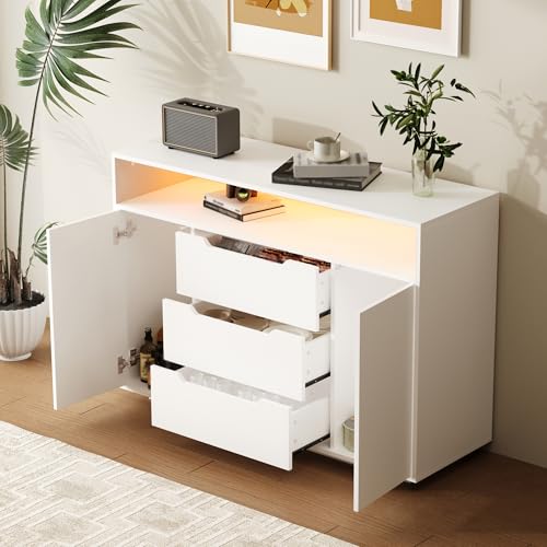 ECLIVON Aparador para Salon Comedor con LED, Aparador Cocina con 3 Cajones y 2 Puertas, Armario de Cocina con Espacio de Almacenamiento, Armario Auxiliar Comedor, Buffet Mueble, 120x85x40 cm, Blanco