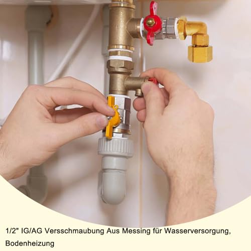QUNXON 2 Stück Messing Beweglich Verschraubung, 1/2 Zoll Messsing Winkel 90 Grad Mit Silikonring, DN15 90° WinkelverSmstrung, 1/2 IG/AG Versschmaubung Aus Messing für Wasserversorgung, Bodenheizung