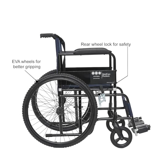 Image of Antara AGEasy (Max Group) Foldable Wheelchair for Old people, Adults & Patients | Sturdy Frame, Lightweight, Wide Seat, Spoke Wheels, Adjustable Footrest and Seatbelt for Safety (WheelAssist - Blue)