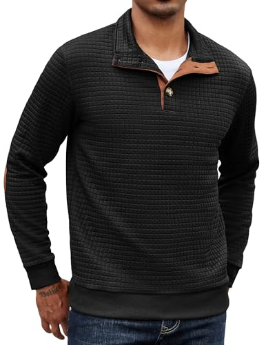 COOFANDY Sweatshirts Herren Winterpullover mit Stehkragen Waffel Sweatshirt Langarm Herrenpullover Button Down Sweatshirt Warm Pulli Schwarz L