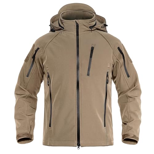 TACVASEN Waterproof Jacket Tactical Military Softshell Windbreaker Hoodie Winter Fleece Rain Coats for Men Ski Snow Khaki