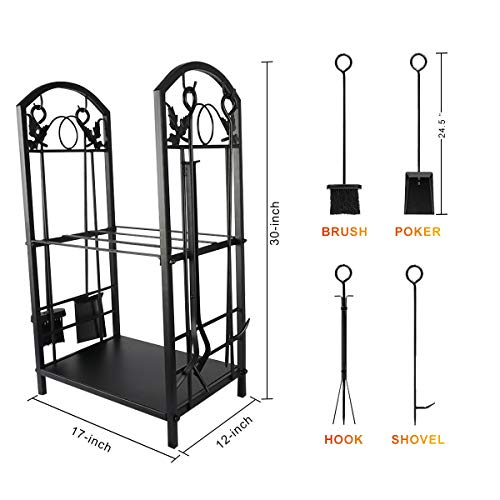 Lovinouse 2 Layer Firewood Log Rack with 4 Fireplace Tools Sets, Black Heavy Duty Wrought Iron Lumber Holder Storage Stacking Carrier for Indoor Outdoor Backyard Patio - Thumbnail 7