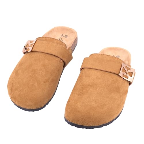 JOMIX Damskie kapcie z klapką mule eleganckie lekkie buty z korkiem miękkie i wygodne, Brązowy, 39 EU